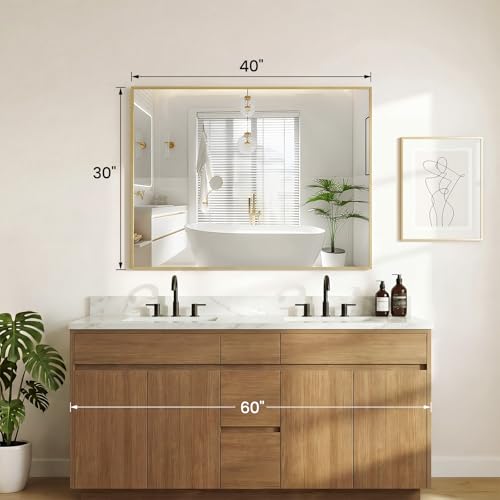 Image of Sweetcrispy Bathroom Mirror for Over Sink, 30 inch x 40 inch Rectangle | Wall Mount Mirrors with Metal Frame, Modern Vanity Mirror with Tempered Glass, for Home Decor, Anti-Rust, Gold