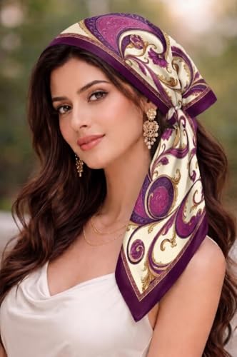 Image of Silk Like Head Scarf for Women Stylish Bandanas for Women Vintage Hair Scarf Wrap and Sleeping, Boho Floral Print Square Bandana Gift