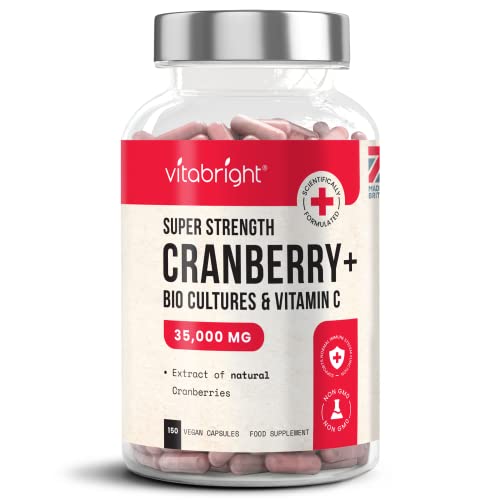 Cranberry Capsules 35,000mg High Strength - with Probiotics / Bio Cultures and Vitamin C - 150 Capsules - Advanced Cranberry Extract Supplement - Made in UK by VitaBright