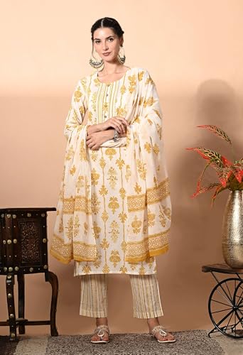 Image of Amazon Brand - Tavasya Women Cotton Anarkali Kurta Pant Dupatta Set | Printed Ethnic Suit Set | Flared Anarkali Kurta with Pant & Dupatta | Festive & Casual Wear
