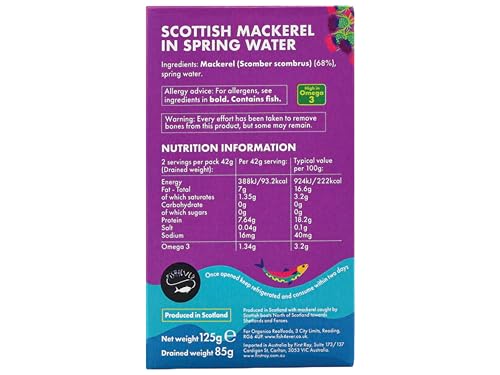 Fish 4 Ever - Mackerel Fillets In Spring Water - Sustainably Fished. Tin Canned Food Rich In Omega-3, Great With Bread, Used In Pate, Pasta Or Sushi 125g (Pack of 10)