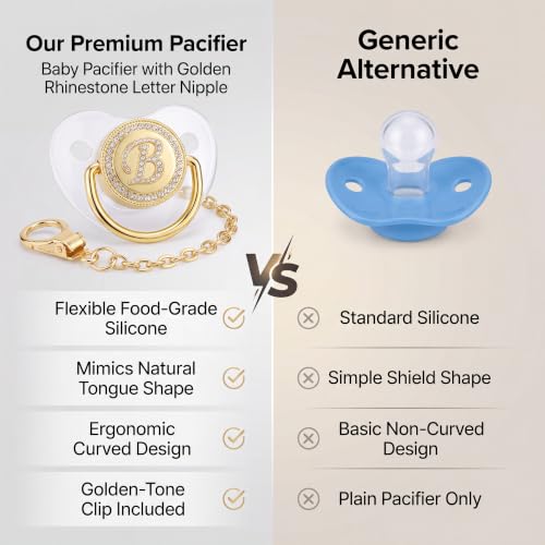 Image of Baby Pacifier with Pacifier Clip, Personalized Rhinestone Curved Bling 26 Letter Pacifier with Name Initial Letter for Boys Baby Shower Newborn Photography