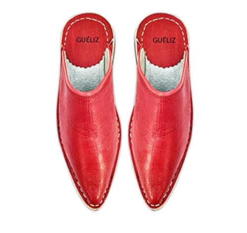 Babouche traditionnelle bout pointu en cuir naturel rouge de taille 43