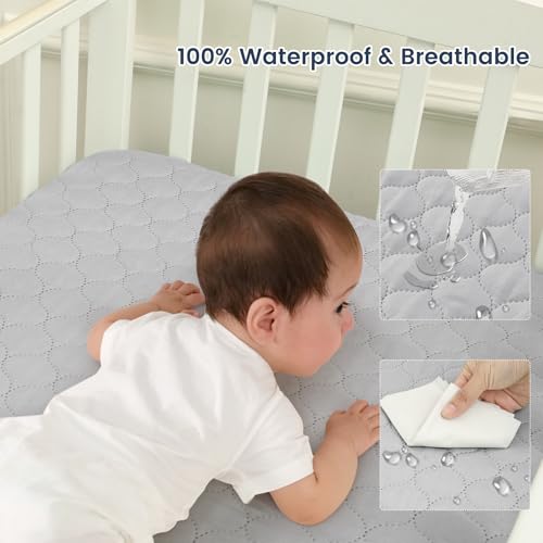 Image of david's kids 2 Pack 38''x25'' Waterproof Mini Crib Mattress Protector, Fitted Pack N Play, Playard and Mini Crib Mattresses, Ultra Soft Breathable Pad Cover for Boys Girls Neutral, Grey & Sage Green