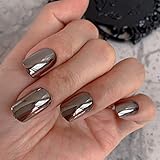 IKISKT Dark Gray Black Press on Nails Reflective Mirror Metal Plating False Nail Tips Punk Metallic