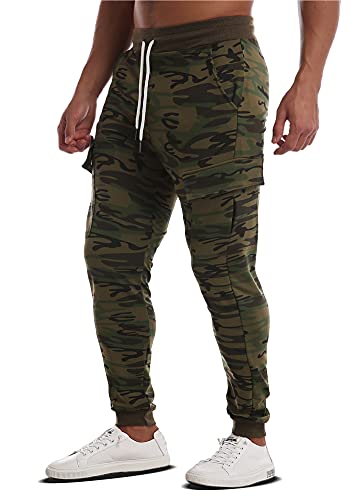 Men's Gym Fitness Workout Pants Bodybuilding Tapered Athletic Joggers Running Pants with Zippered Cargo Pockets Camouflage L tag XXL
