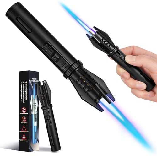 Camping Jet Lighter Windproof Adjustable Flame with Fuel Visible Window Refillable Long Reach Flame Fire Lighter for BBQ Candle Kitchen Fireplaces Camping (Without Fuel)