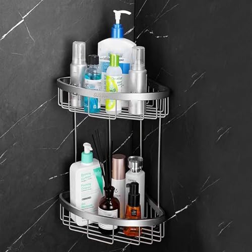 Organizador de ducha de doble esquina con cesta de 2 niveles y estante de latón para organización del baño