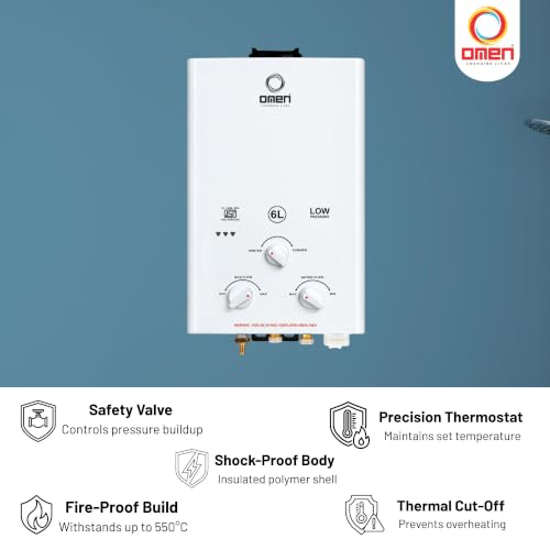 Image of Omen Changing Lives Elegant 6L LPG Gas Geyser | Instant Water Heater | Auto Ignition | Copper Heat Exchanger | Flame & Water Control | Summer-Winter Mode | Wall Mounted | 2-Year Warranty