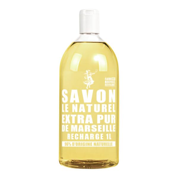 Savon Le Naturel - Savon Liquide Extra Pur de Marseille - Grand Format Recharge - Origine Naturelle - Huiles Végétales et Glycérine - Tous Types de Peau - Sans Colorants - Antibactérien - 1 L