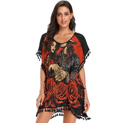 Red Rose Love Art Women's Beach Cover Up Chiffon Tassel Swimwear Swimsuit Coverups for Girl