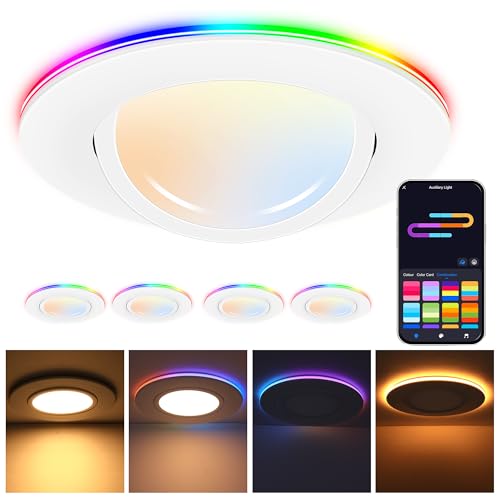 CLOUDY BAY - Paquete de 4 luces empotrables inteligentes con cardán de 6 pulgadas con luz de acento degradado y luz nocturna, luces LED RGB de 15 W, 2700 K ~ 6500 K, compatible con Alexa y Google Home