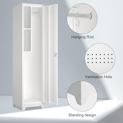 Image of Metal Slim Cabinet, Tall Bathroom Cupboard, White Storage Cabinet with Shelves, 65 inch H Storage Caninet for Laundry, Office, Kitchen Pantry, Anti-Tipping