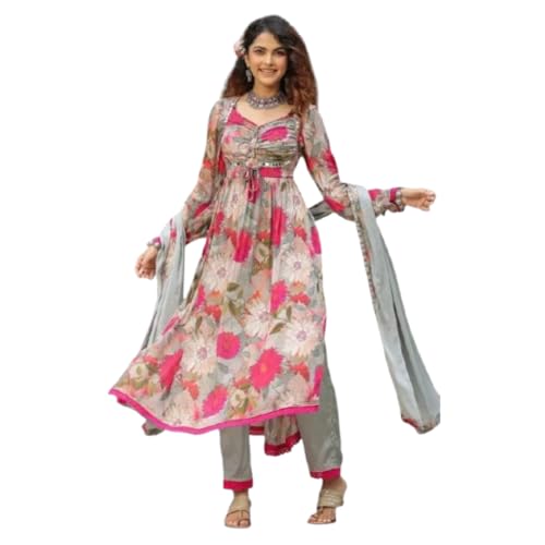 Image of KD Women's Floral Printed Georgette Anarkali Kurta Set With Dupatta, Traditional Salwar Suit, Long Sleeve Ethnic Dress