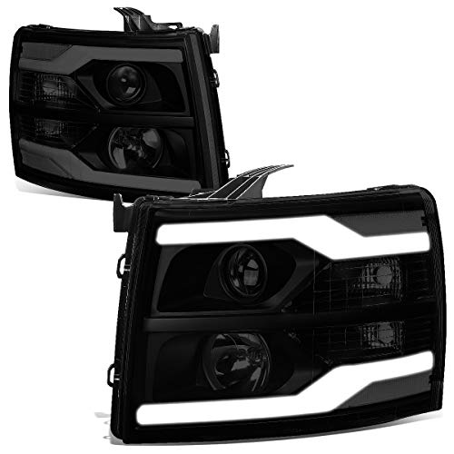 Auto Dynasty [Halogen] Dual LED DRL Strip Projector Headlights Assembly Compatible with 2007-2014 Chevy Silverado 1500 2500HD 3500HD, Pair, Smoke Lens
