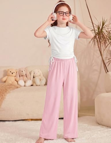 Image of Arshiner Girls 2 Piece Outfit Ruched Drawstring Tops and Wide Leg Pants Set