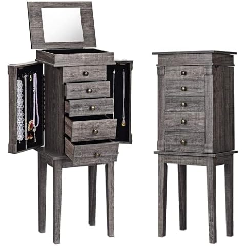 OFFICEJOY Standing Jewelry Armoire Cabinet w/Top Flip Mirror, 5 Drawers, 2 Doors, 8 Necklace Hooks, Jewelry Storage Chest Organizer for Earrings Necklaces Bracelets, Make Up, Girls Women Gift (Gray) Cover