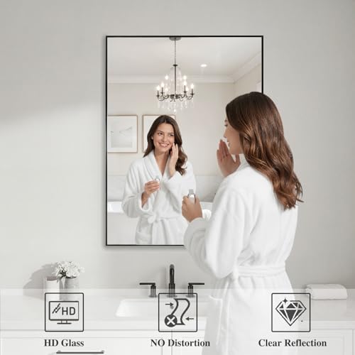 Image of Koonmi Black Rectangle Wall Mirror, 24x32 Inch Bathroom Mirror, Aluminum Frame Vanity Mirror for Entryway, Living Room, Bedroom Bathroom, Hangs Horizontally or Vertically