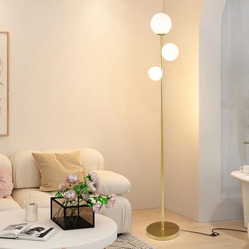 Wylolik Lampadaires modernes nordiques 3 boules verre blanc lampe sur de luxe métal doré lumière sur pied intérieur salon décoratif lampe verticale...