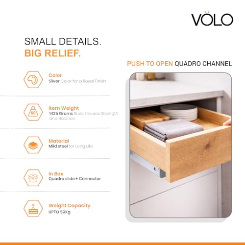 Image of Volo Heavy Duty Drawer Slides, Full Extension Ball Bearing Runners | Pack of 2 Piece | Channels for Kitchen Cabinets, Wardrobes, and Dressers (Undermount (Push to Open), 12 Inch)