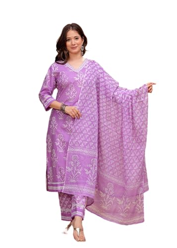 Image of MEERA FAB Women's Cotton Blend Straight Printed Kurta with Palazzo & Dupatta