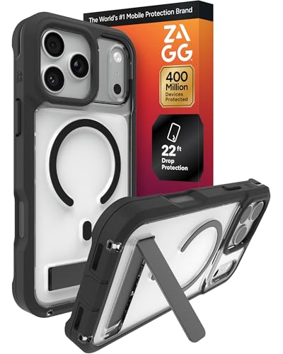 Image of ZAGG Rainier Case with Kickstand for iPhone 17 Pro Max - Black, Graphene 22ft (7m) Drop Protection, Lanyard Attach Points, MagSafe, Wireless Charging Compatible, 2-Piece Design, Phone Case