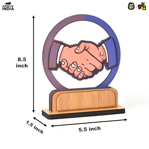 Image of GKD Wooden Handshake Memento Trophy | DIY Customizable Partnership Award for Corporate Gifts, Dealer Meets & Business Achievements | Office Desk Decor | Add Your Own Sticker or Text (Handshake)