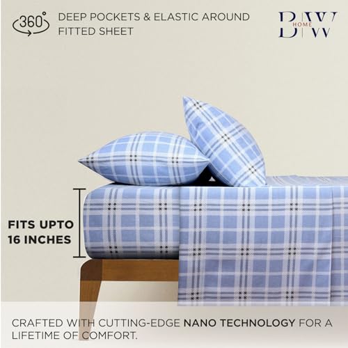 Image of Briarwood Home Printed Flannel Sheet Set, 100% Natural Cotton, Soft, Warm & Deep Pocket, Advanced Nano-Tech Making it Resistance to Pilling; Brushed 6 Times for Softness (Blue Plaid, Full)