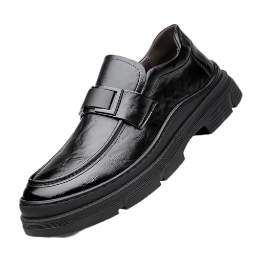 Men's Leather Round Toe Platform Slip-On Oxford Shoes,Fashion Metal Decoration Business Loafers Casual Formal Work Driving Shoes