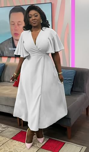 Image of Summer Dresses for Women Semi-Formal Fit Casual Short Ruffle Sleeve V Neck Elegant Swing Split Long Maxi Dresses