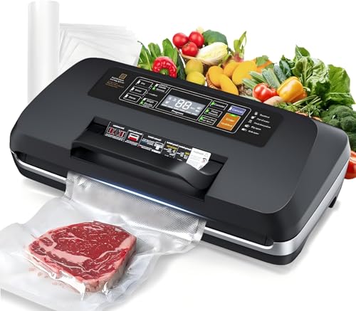 95kpa Vacuum Sealer Machine, Updated 2025 Commercial Fully Automatic Food Sealer, 10-in-1Functions & Powerful Sealing System with Double Heat Seal, Easy-Lock Handle, Built-inCutter and Bag Storage