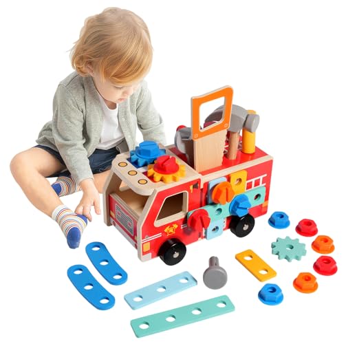 KUWUNG Banco de trabajo para niños, maletín de herramientas para niños, juguetes Montessori a partir de 3 años, juguete para niños, juguete de madera a partir de 3 años, caja de herramientas, coche de