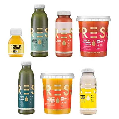 Press London, 48 Hour Detox Juice Cleanse, Rest Your Body & Mind, Meal Replacement for Weight Control & Health Kick, Contains Green & Carrot Juice, Banana Cashew Milkshake, Ginger Shot & Soups Cover