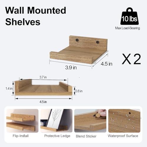 Image of Small Oak Floating Shelves for Wall, Shelf with Lip Set of 2, 4 in