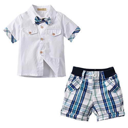 residentD Children Kids Outfit Suits,Short Sleeve Bow tie Shirts+Plaid Shorts Pants Gentleman Set (1-6T) White