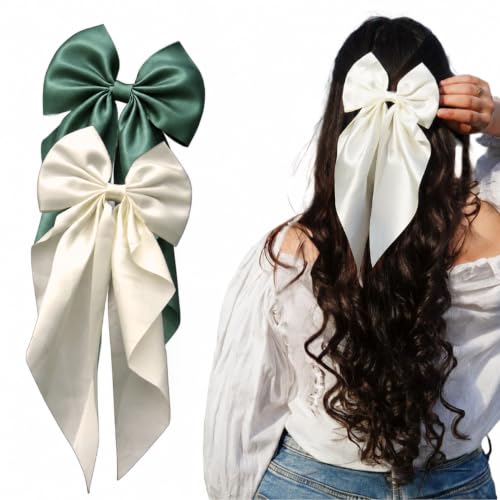 Image of 2 Pack Off White and Green - Hair Bows, Bow Clips for Women - Hair Clips, Luxury Satin Hair Bow Clips for Girls, Hair Clip - Cute Hair Accessories for Girls