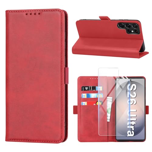 Protection Samsung S26 Ultra Vaki étui portefeuille cuir rouge avec film écran antichoc