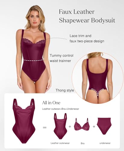 Image of Popilush Faux Leather Shapewear Bodysuit Lace Corset Body Suits for Womens | Tummy Control Shapewear,Thong Body Shaper,Compression Bodysuit Women,Corset Tops for Country Concert,Going Out Summer Outfit