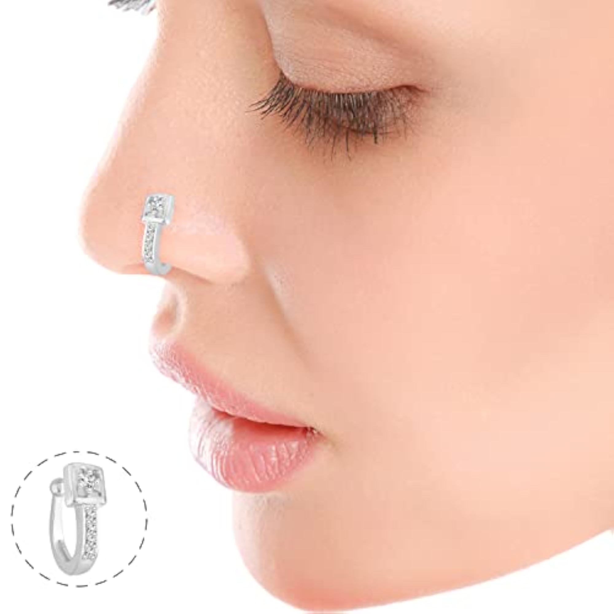 Women's Silver Plated Square Shaped CZ Stone Studded Nath Press
