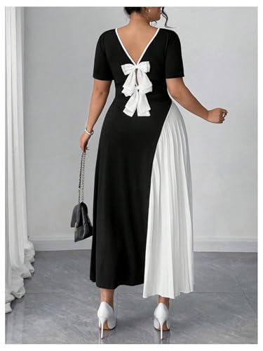 GORGLITTER Women's Plus Size Bow Pleated Maxi Dress Color Block Short Sleeve Summer Prom Formal Cocktail Long Dresses4