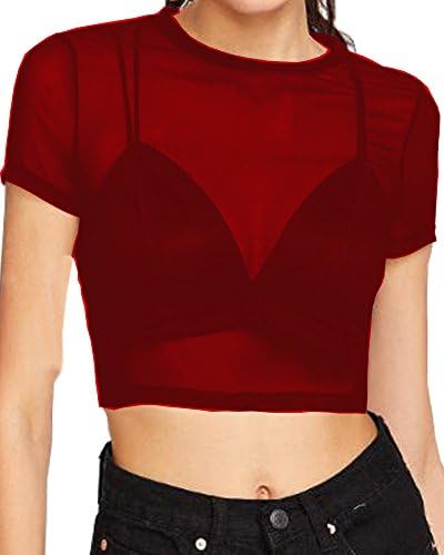 CLOZ Women's Sheer Mesh Tee Blouse Short Sleeve Crop Tops (Short Sleeve-Red, Large)