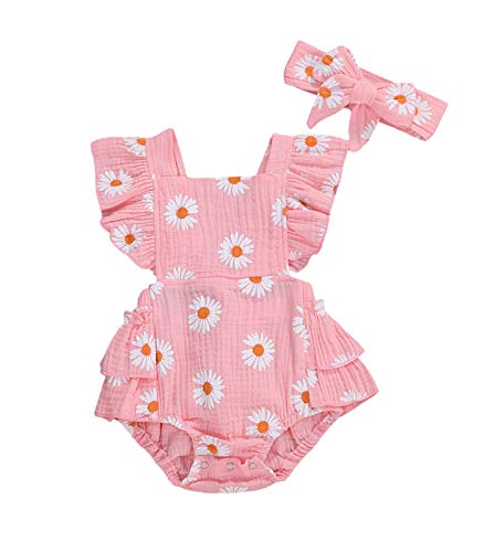 Image of Baby Girls Daisy Playsuits Ruffled Bodysuit+Headband Print Fly Sleeve Romper Floral Jumpsuit Infant Summer Clothes