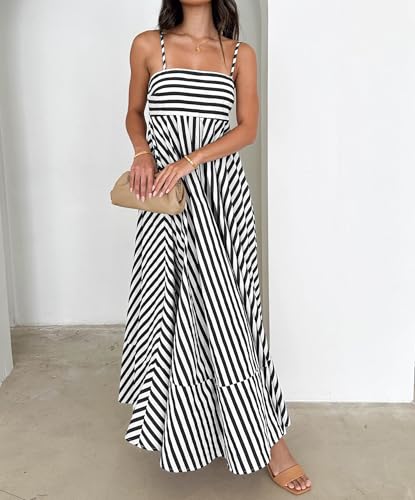 Image of NUFIWI Women Summer Striped Maxi Dress Spaghetti Strap Cutout Ruffle Long Dress Flowy Swing Beach Vocation Dress