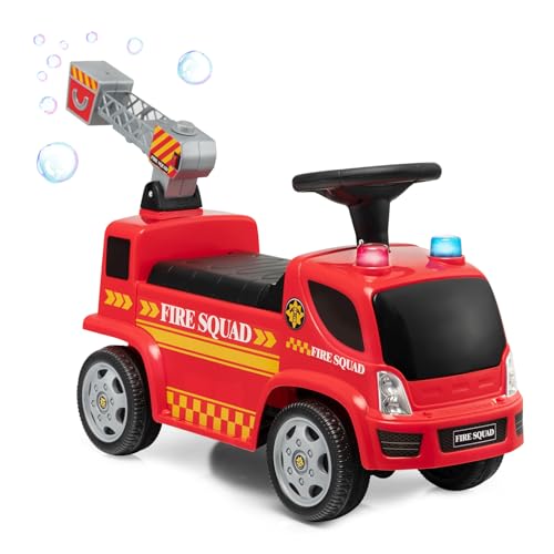 HOMGX Kids Ride On Fire Truck With Bubble Maker, Foot-to-Floor Sliding Car, Music, Siren Sound, Flash Light & Ladder, Fire Engine Push Car for Toddler Boys Girls, Red