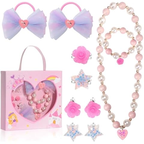 PinkSheep Little Girl Jewelry 10PCS Toddler Jewelry for Girls 3/4/5/6/7/8 yrs old Girl Play Jewelry Box Girl Necklace Girl Bracelet Cover