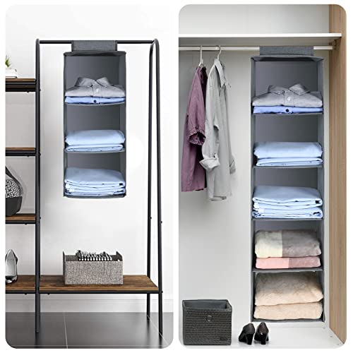 AiQInu Hängeregal Kleiderschrank,Hängeaufbewahrung Schrank Organizer mit 5 Fächern,Faltbar Platzsparend Stabiler Hängeorganizer mit Bambus-Stock Verstärkt Aufbewahrungssystem für Kleiderschränke