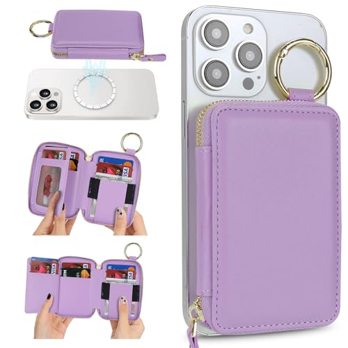 Image of Compatible with MagSafe Wallet,Magnetic Phone Wallet Card Holder for iPhone 17 /16 Pro Max /15 plus /14 Pro /13 /12 Series,PU Leather Zipper Pocket Adjustable Stand-Light Purple