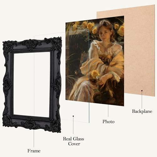 Image of eletecpro 5x7 Vintage Picture Frame with Real Glass Cover, Ornate Antique Photo Frame, Display 5x7 Picture for Tabletop or Wall Hanging, Black Home Decor for Gallery Art