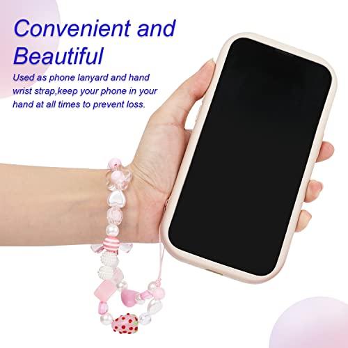 2pcs Phone Charm, Cute Beaded Cell Phone Straps Charms Butterfly Phone Lanyard Flower Phone Chain Strawberry Cellphone Wrist Strap for Girls Woman(White and Pink) - Thumbnail 5