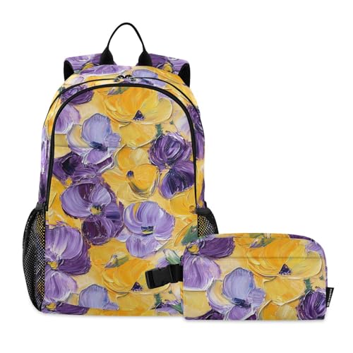 Backpack Lunch Bag Set for Travel Hiking Picnic, Purple Yellow Flowers Print Backpacks with Insulated Lunch Box